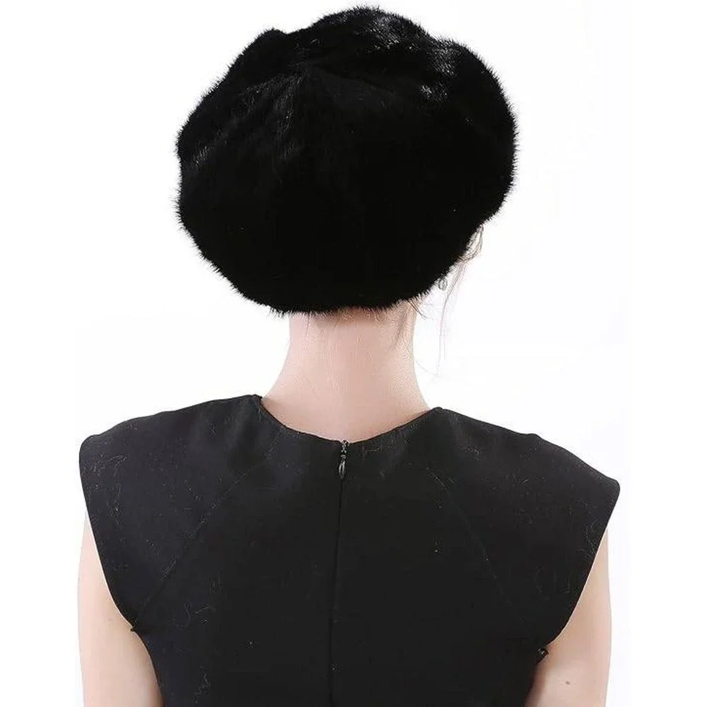 MSRP $60 YXCFEWD Women's Beret Black Real Mink Fur Hat Knit‎ Russian Winter Cap